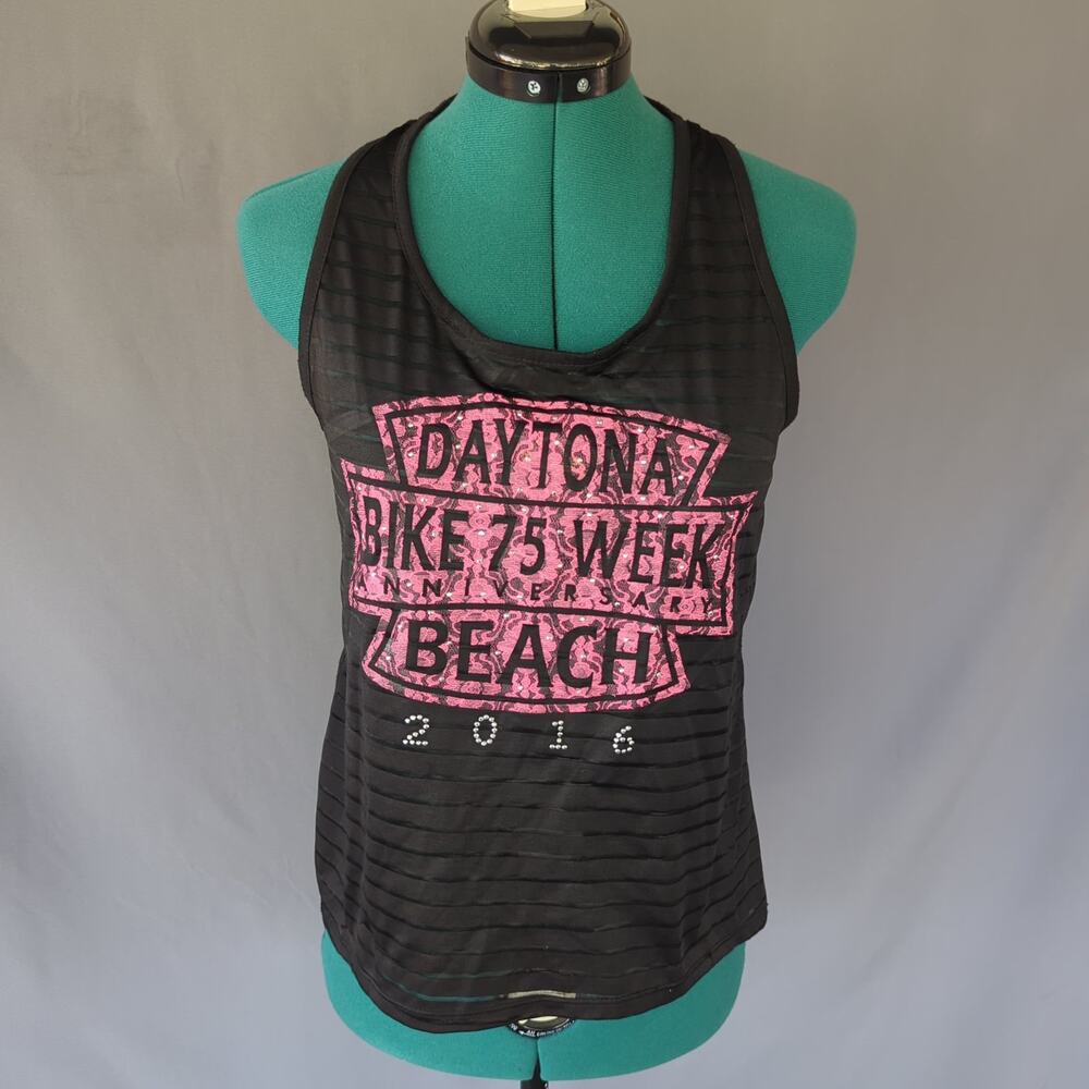 Eriko Daytona Bike Week Graphic Tank Top Black Pink Racerback Moto Biker M